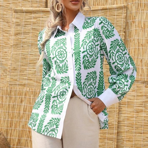 . Tops - White Boho Womens Graphic Print Button Front Shirt